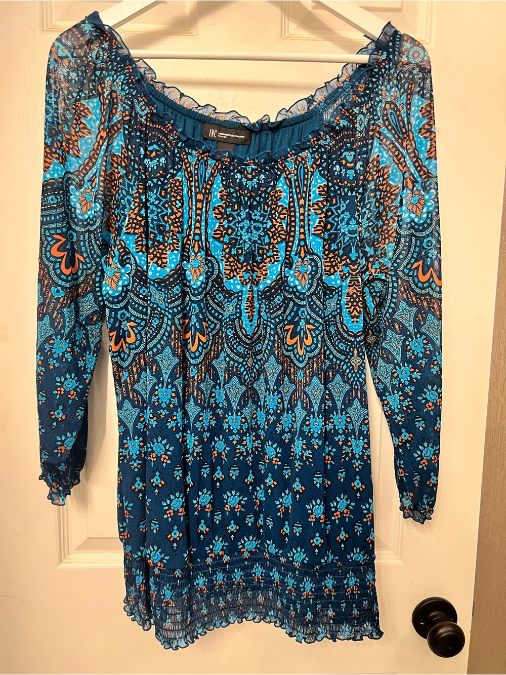 INC International Concepts Teal & Navy Paisley Off-Shoulder Tunic